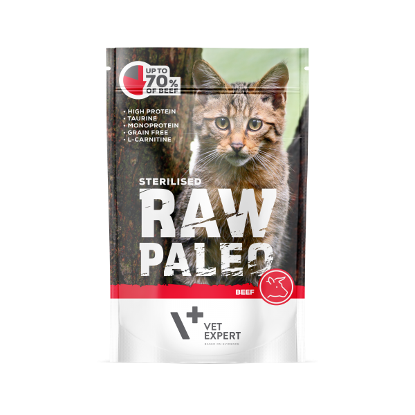 VetExpert Raw Paleo Sterilised Rind - Nassfutter für kastrierte Katzen Premium getreidefreies Katzenfutter, Alleinfuttermittel, Trockenfutter, Nassfutter, Katzenbedarf, Katzennahrung, Katzenernährung