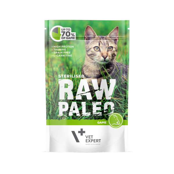 VetExpert Raw Paleo Sterilised Wild - Nassfutter für kastrierte Katzen Premium getreidefreies Katzenfutter, Alleinfuttermittel, Trockenfutter, Nassfutter, Katzenbedarf, Katzennahrung, Katzenernährung